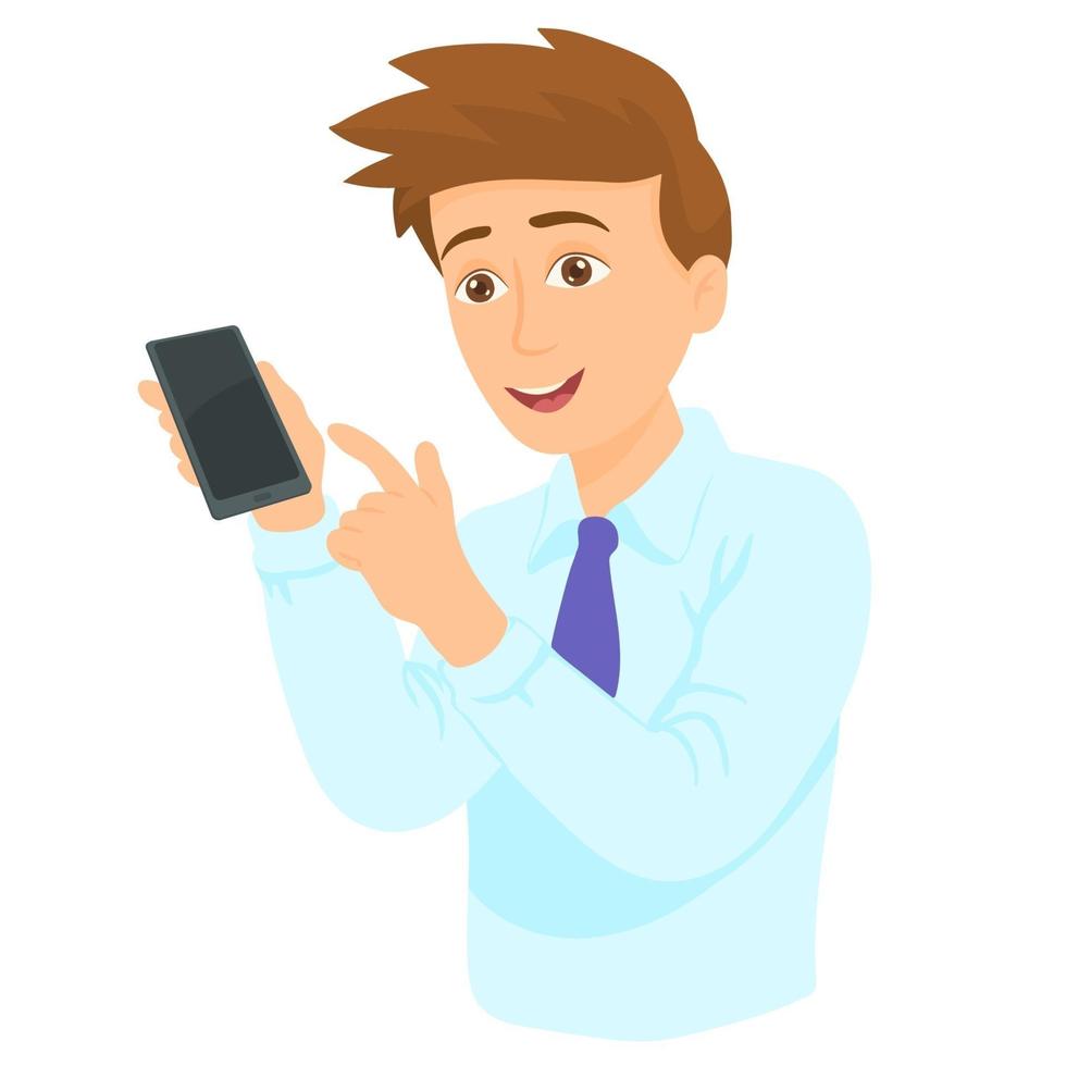 Young man with smart phone in hand pointing with forefinger to product. vector