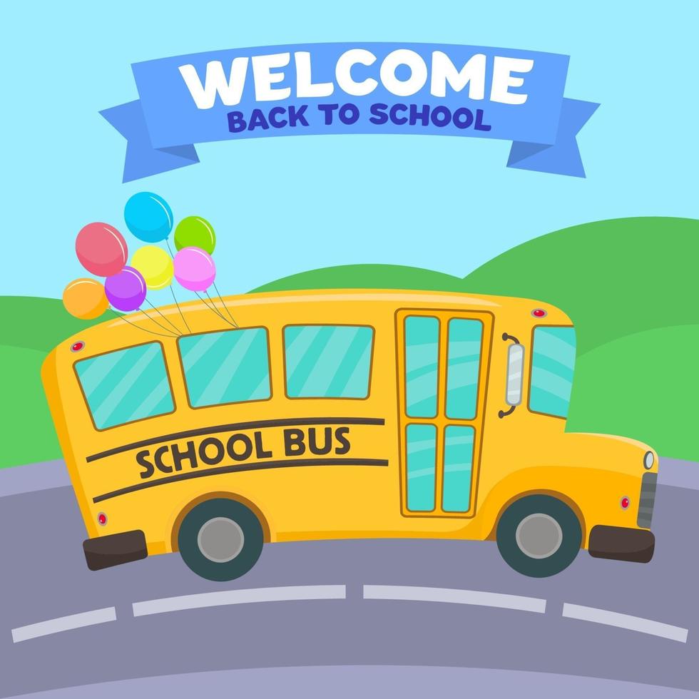 School bus with festive flags and balloon rides to school vector