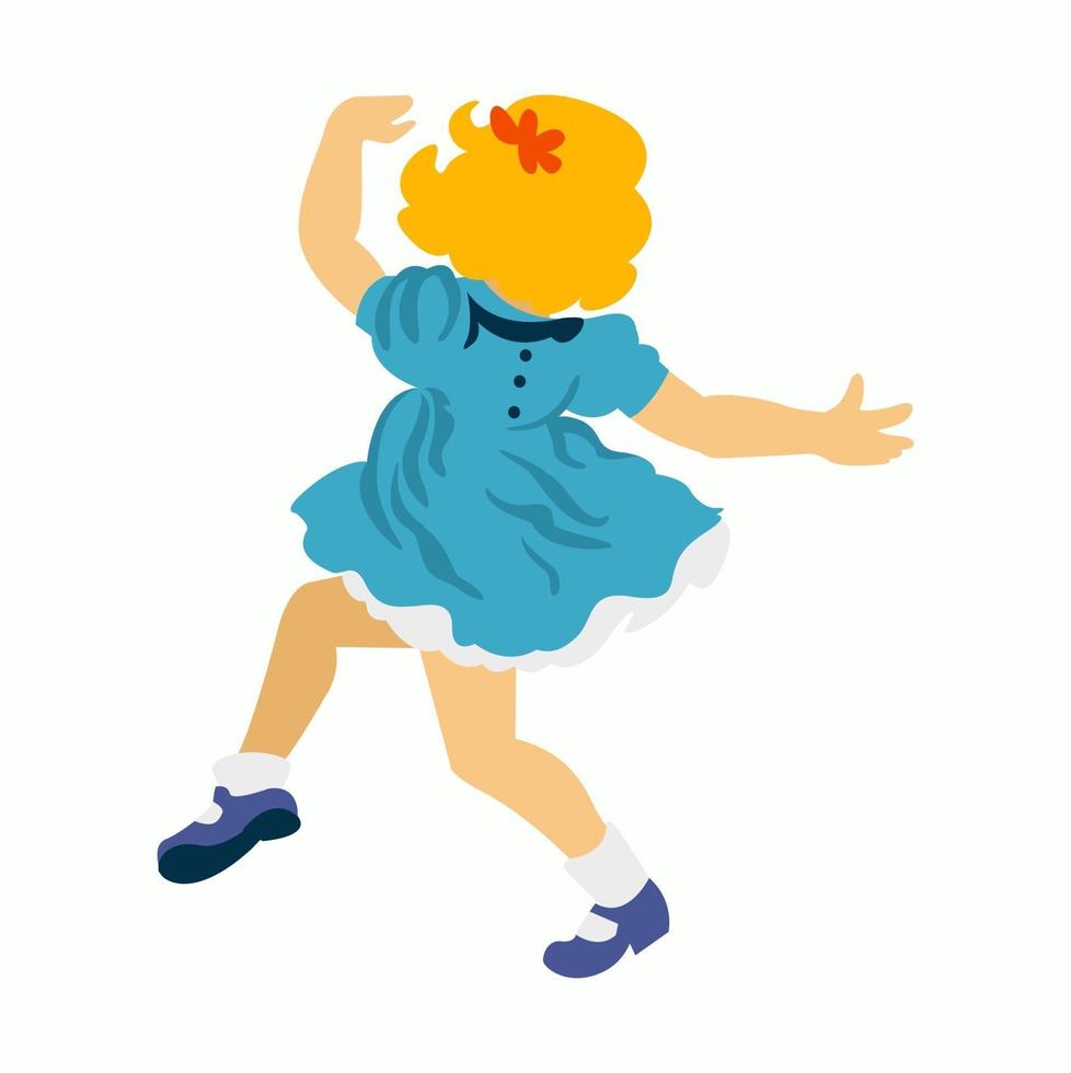 Flat vector illustration of little girl dancing, playing, having fun. Blue dress, blond hair, buttons on backside of. dress. red bow. Isolated on white background