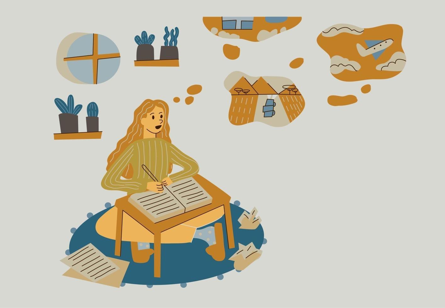 female copywriter. young woman writer. journalist. writing novel. fantasies. composing text. ideas and stories. working at home. hand writing. making notes. vector illustration. isolated