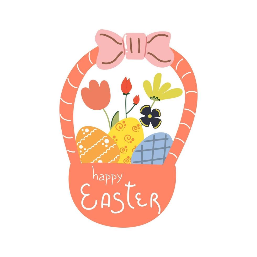 Hand drawn basket with Happy Easter text and eggs and flowers vector