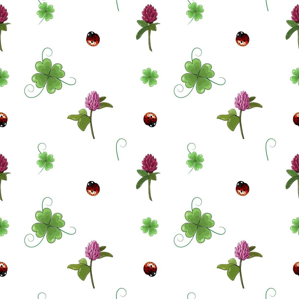Vector seamless pattern for St Patricks Day Green leaves and flowers of clover with small ladybirds