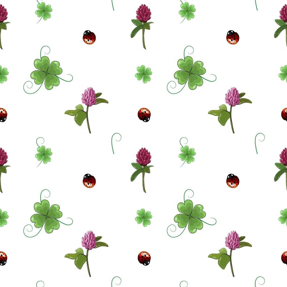 Vector seamless pattern for St Patricks Day Green leaves and flowers of clover with small ladybirds