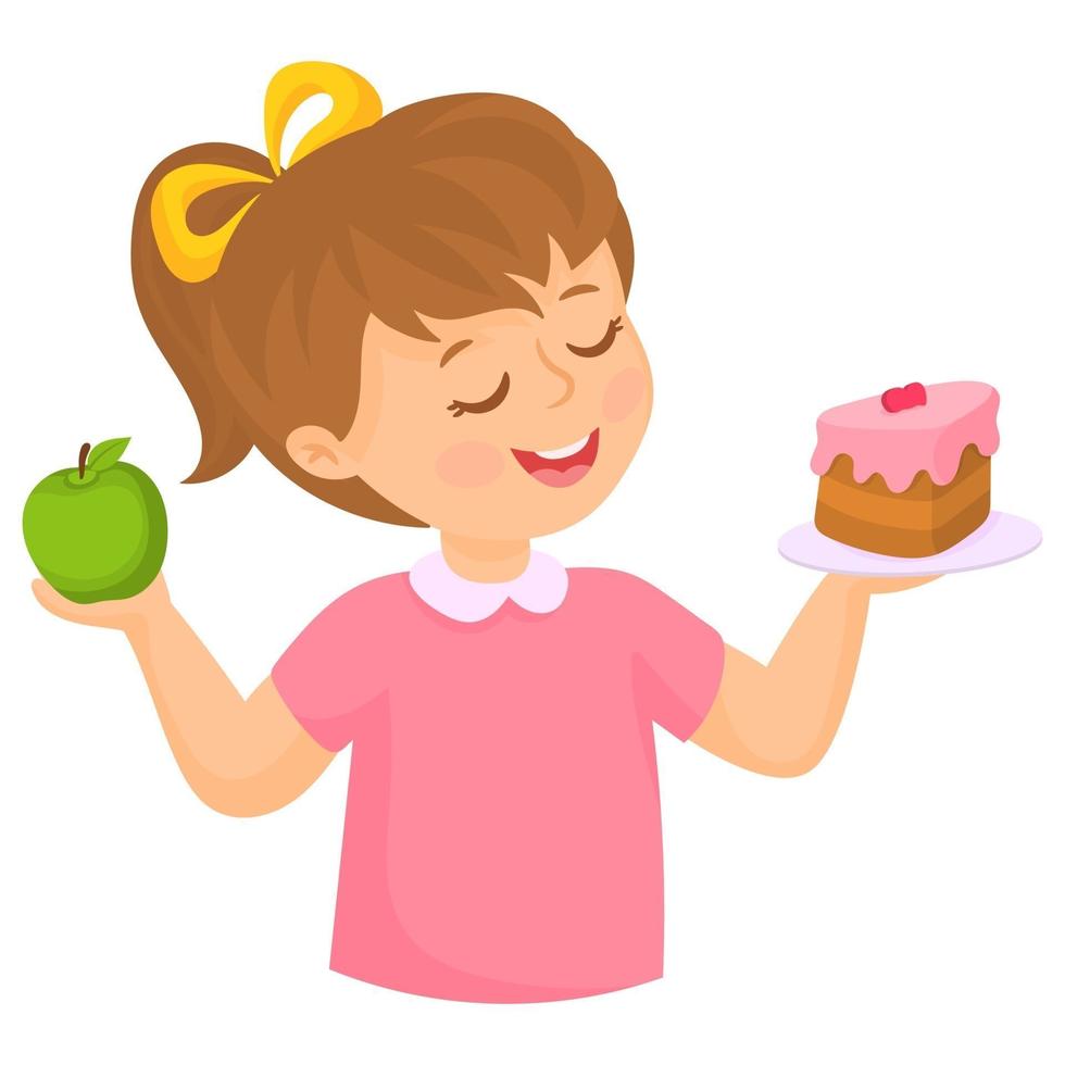 Girl choosing between healthy and unhealthy food concept vector