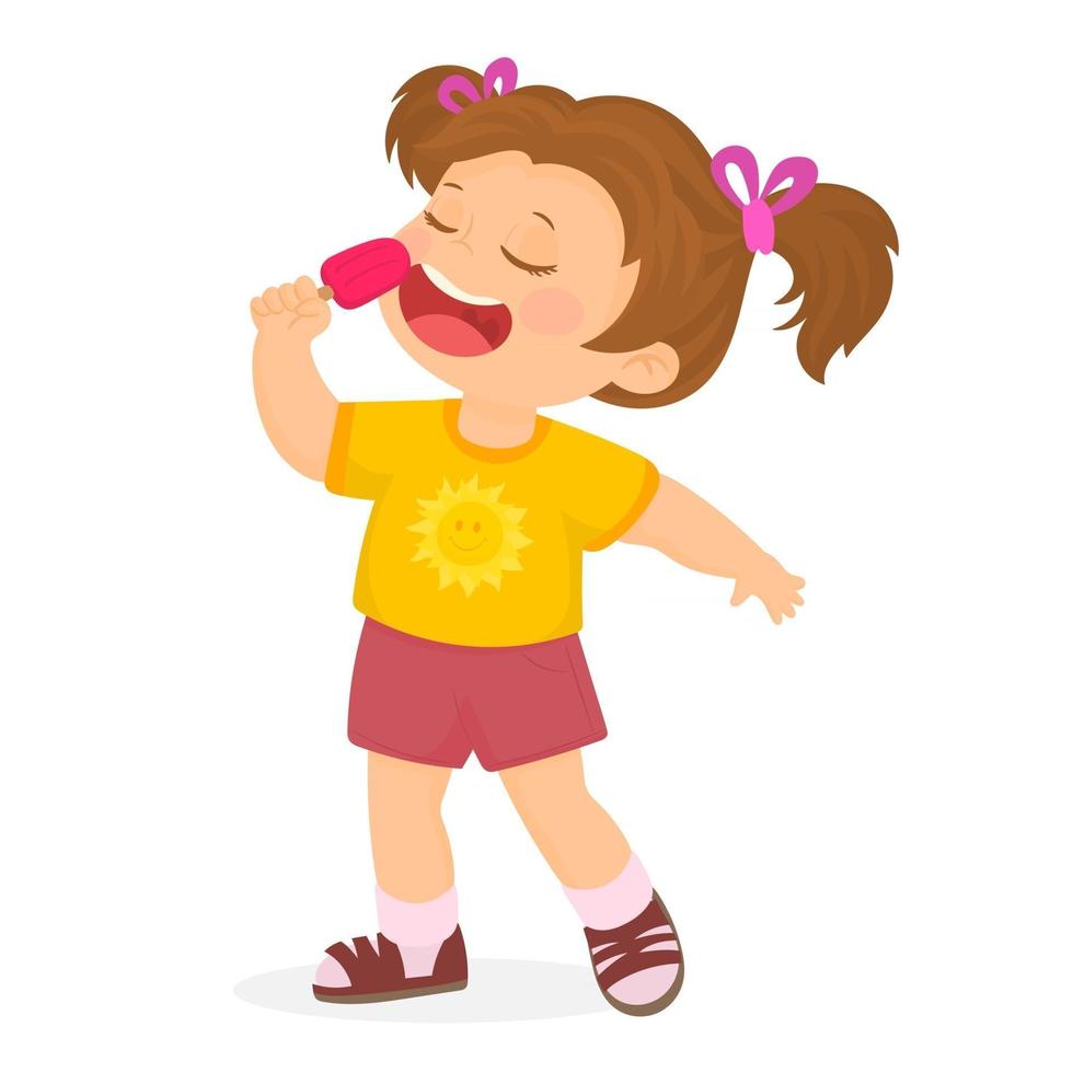 Happy girl holding a frozen popsicle ice pop on summer time vector