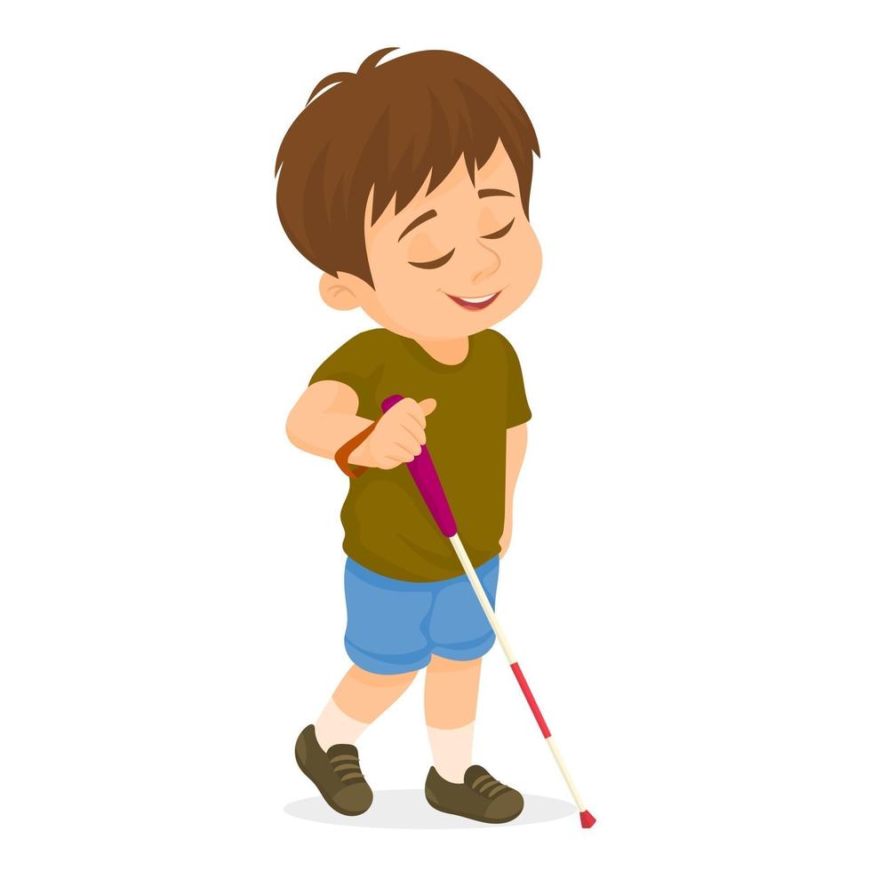 Blind boy with long cane walking on white background vector