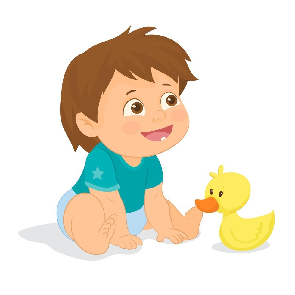 Baby boy playing with a little rubber smiling duck vector