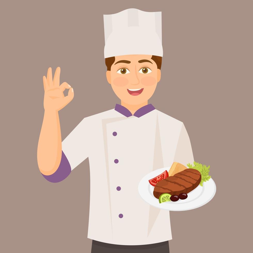 Cocinero de chef masculino feliz con plato de comida que muestra el signo de la mano ok vector