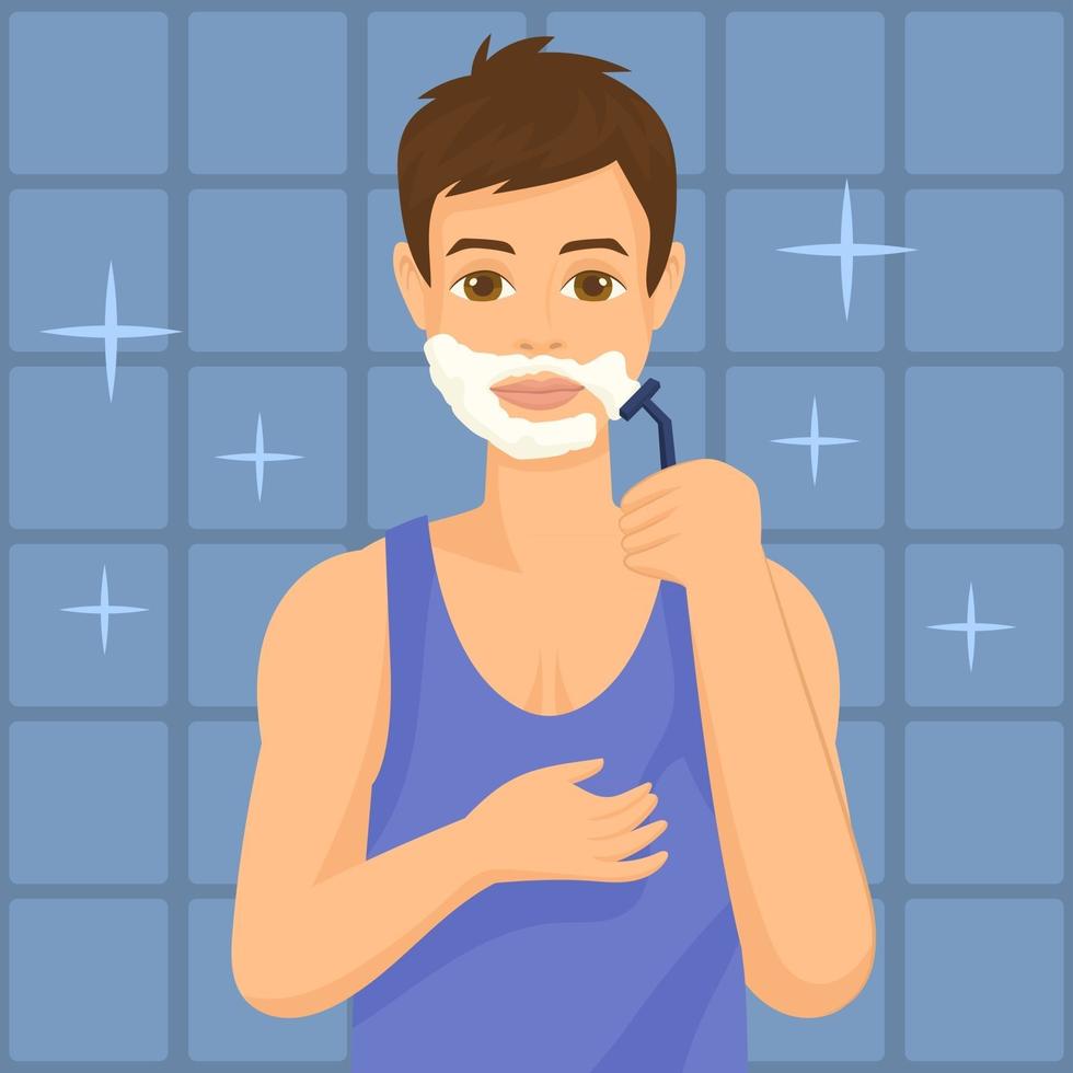 Young man shaving early in the morning at home vector