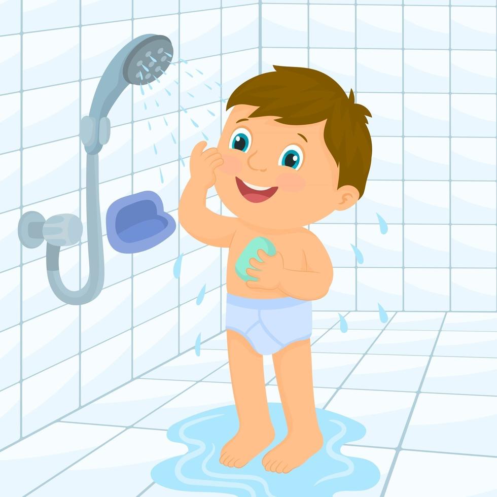 Little boy taking a bath in bathroom vector