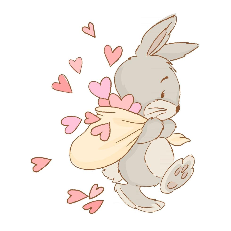 cute rabbit with bag and hearts, Valentines day greeting card vector