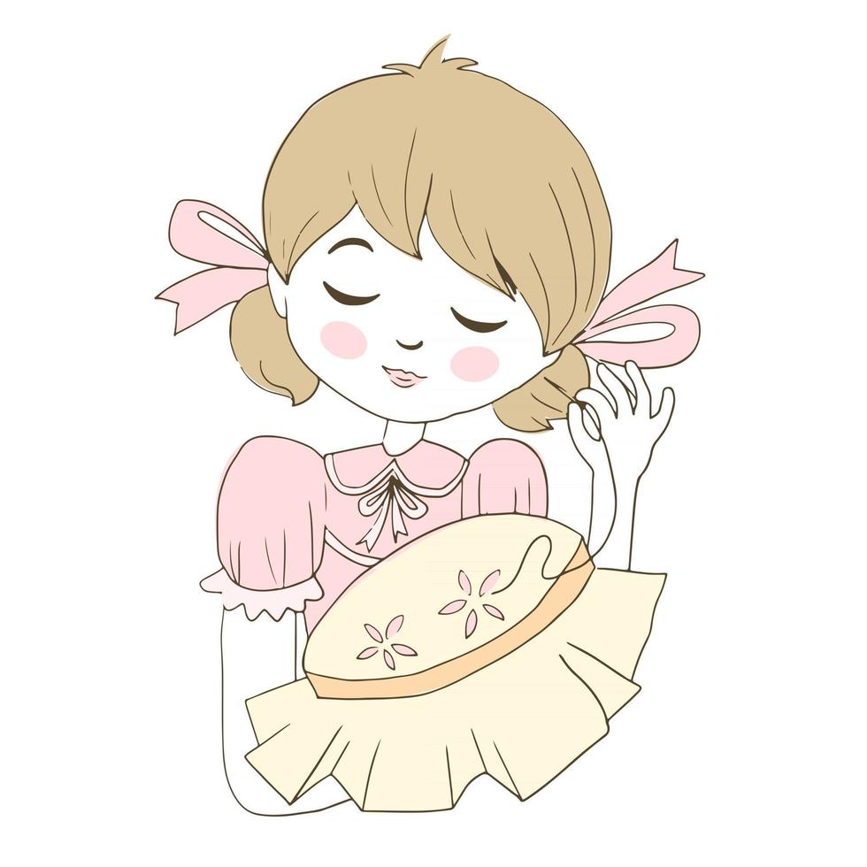 A girl is engaged in needlework and embroidery a pattern on a hoop vector