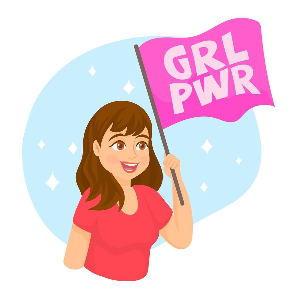 Concept feminism and the struggle for rights, woman holding a pink flag vector