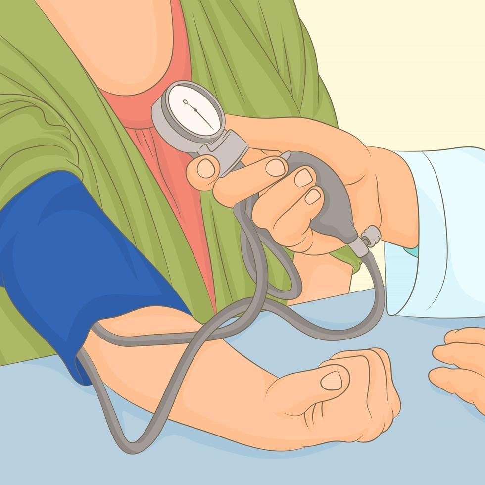 la mano de un médico que mide la presión arterial de un paciente anciano vector