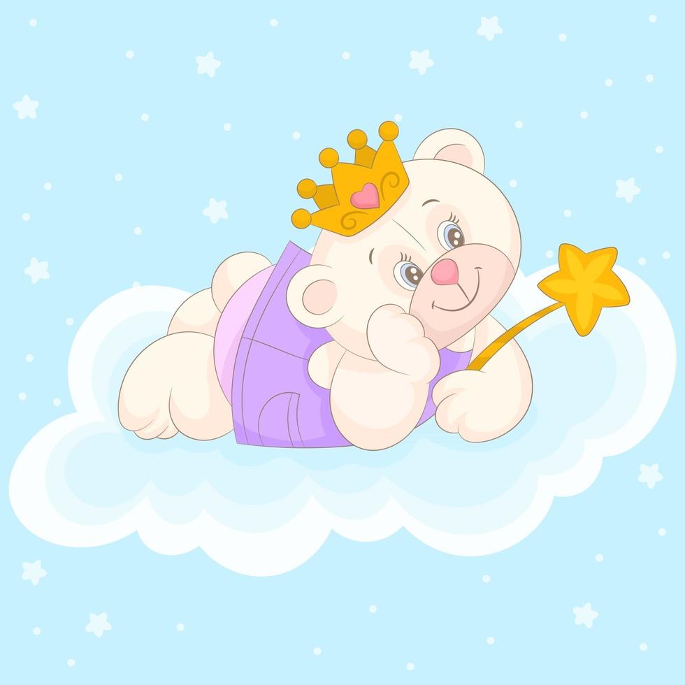 Happy little bear girl laying on cloud vector