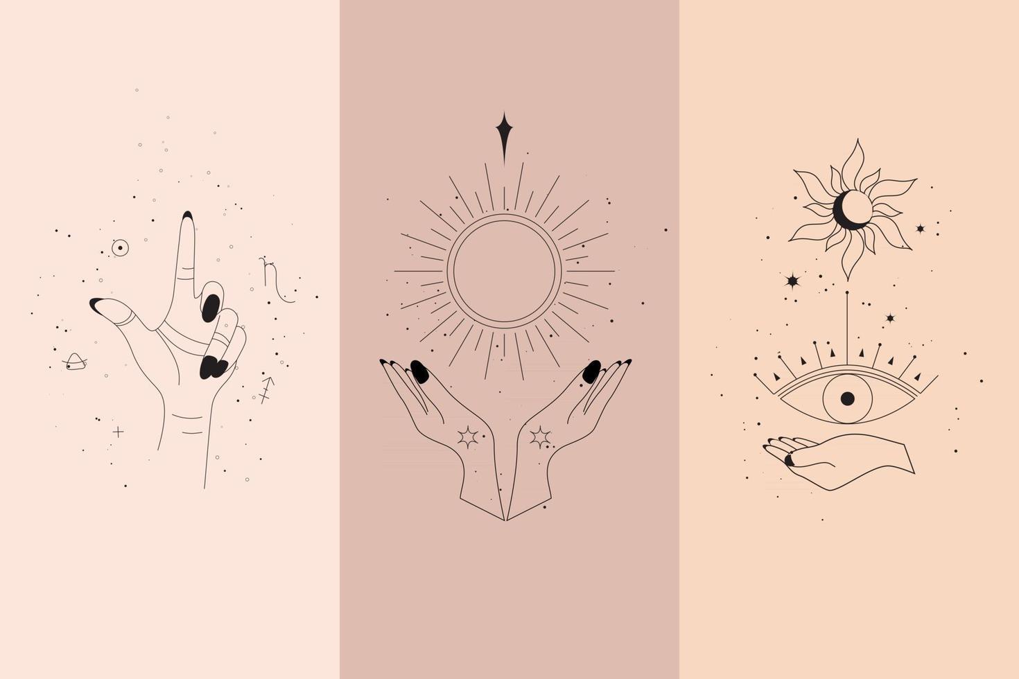 Diamantes mágicos y manos de mujer con luna creciente en estilo lineal boho. vector