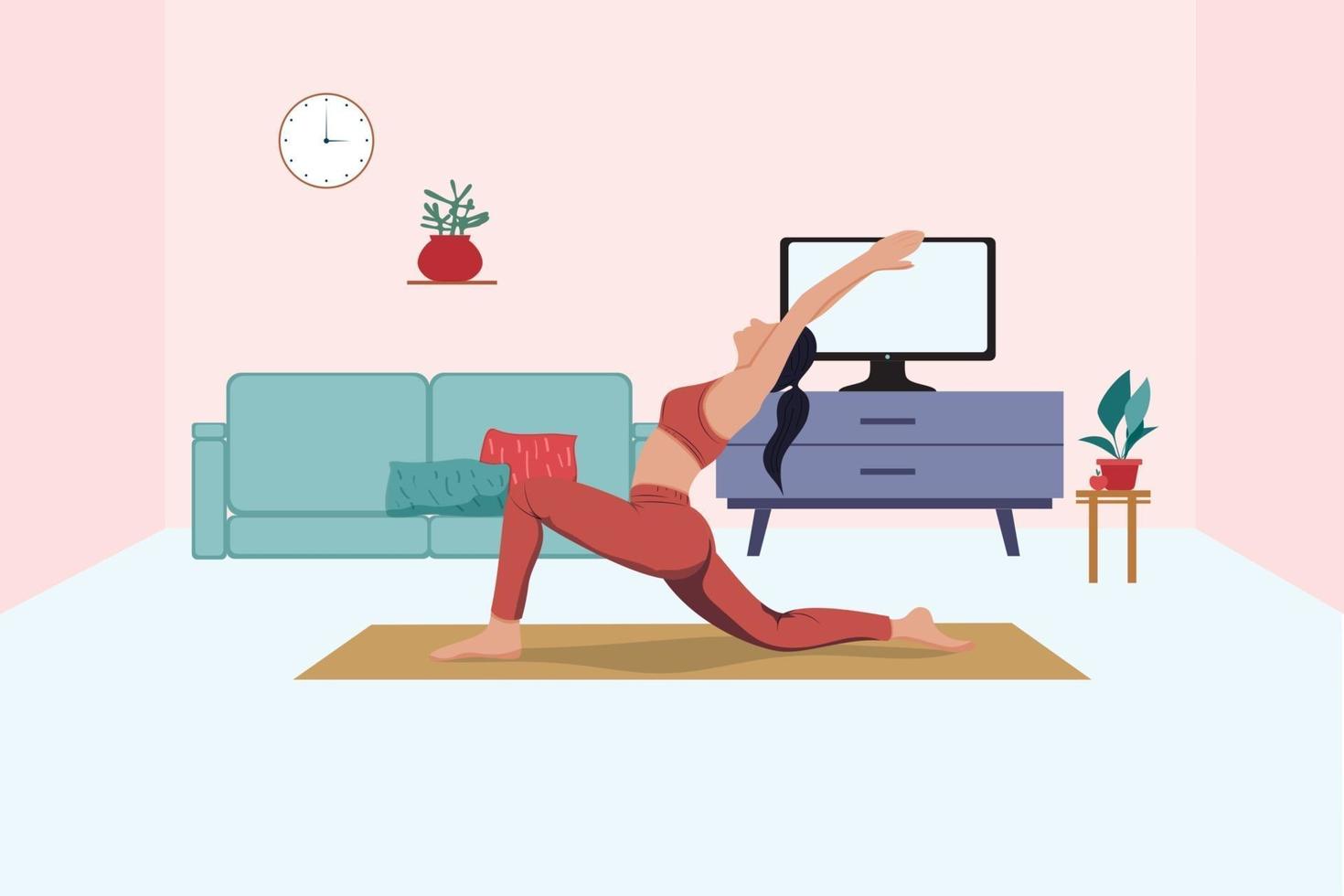 la chica hace yoga en línea en casa en la televisión. vector