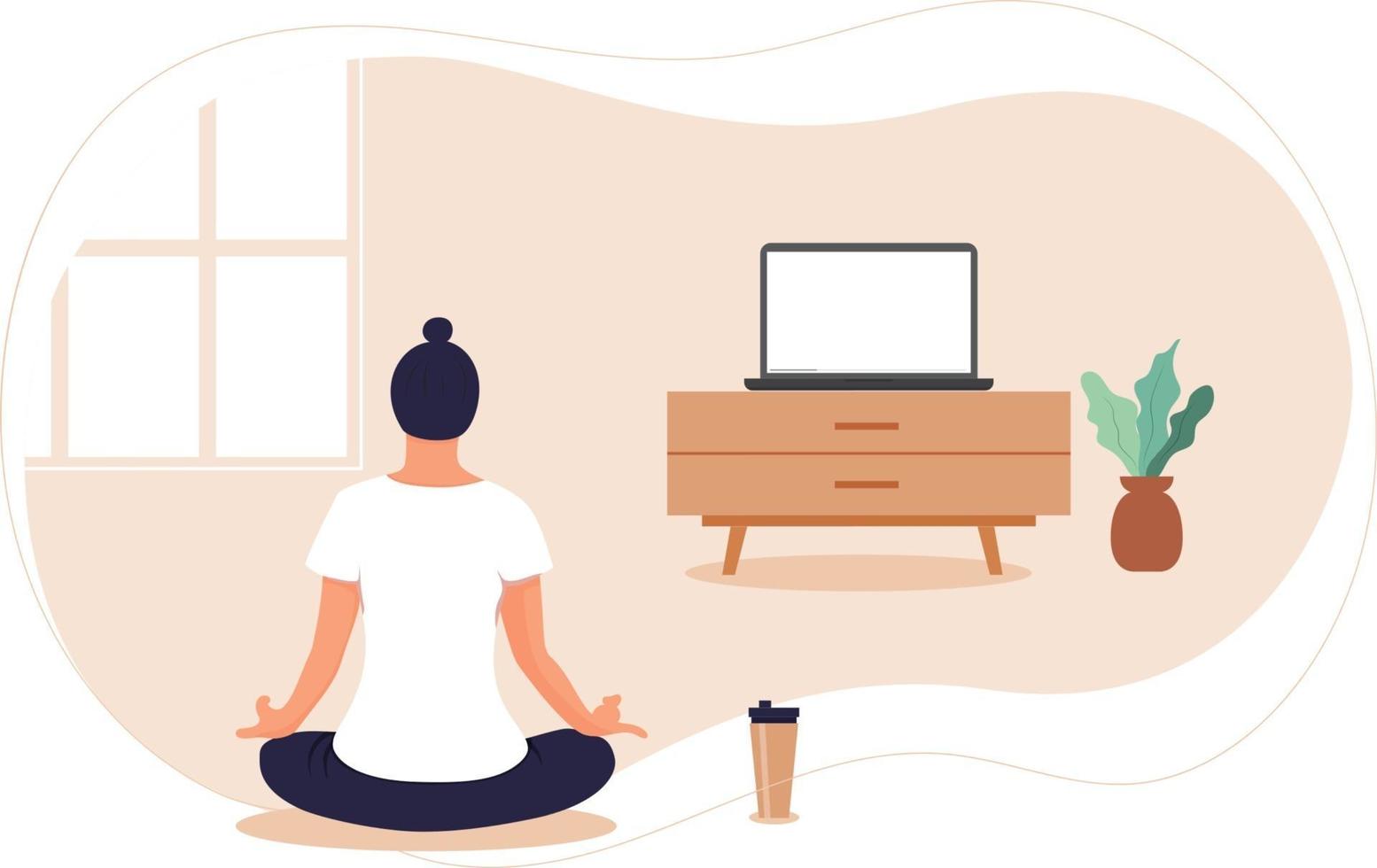 Girl does yoga online at home on TV. vector