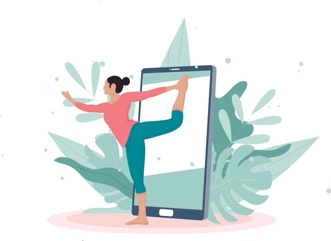 yoga en línea con una chica haciendo ejercicios y viendo clases en línea vector