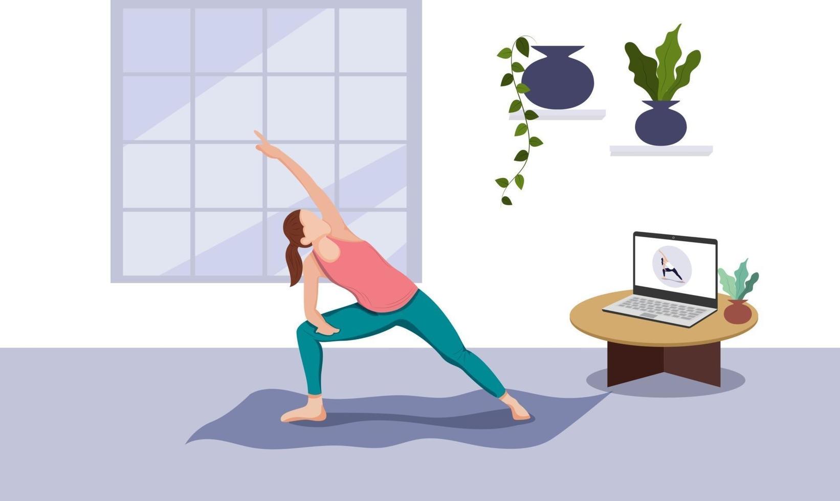 Yoga girl is doing exercises and watching online classes on laptop vector