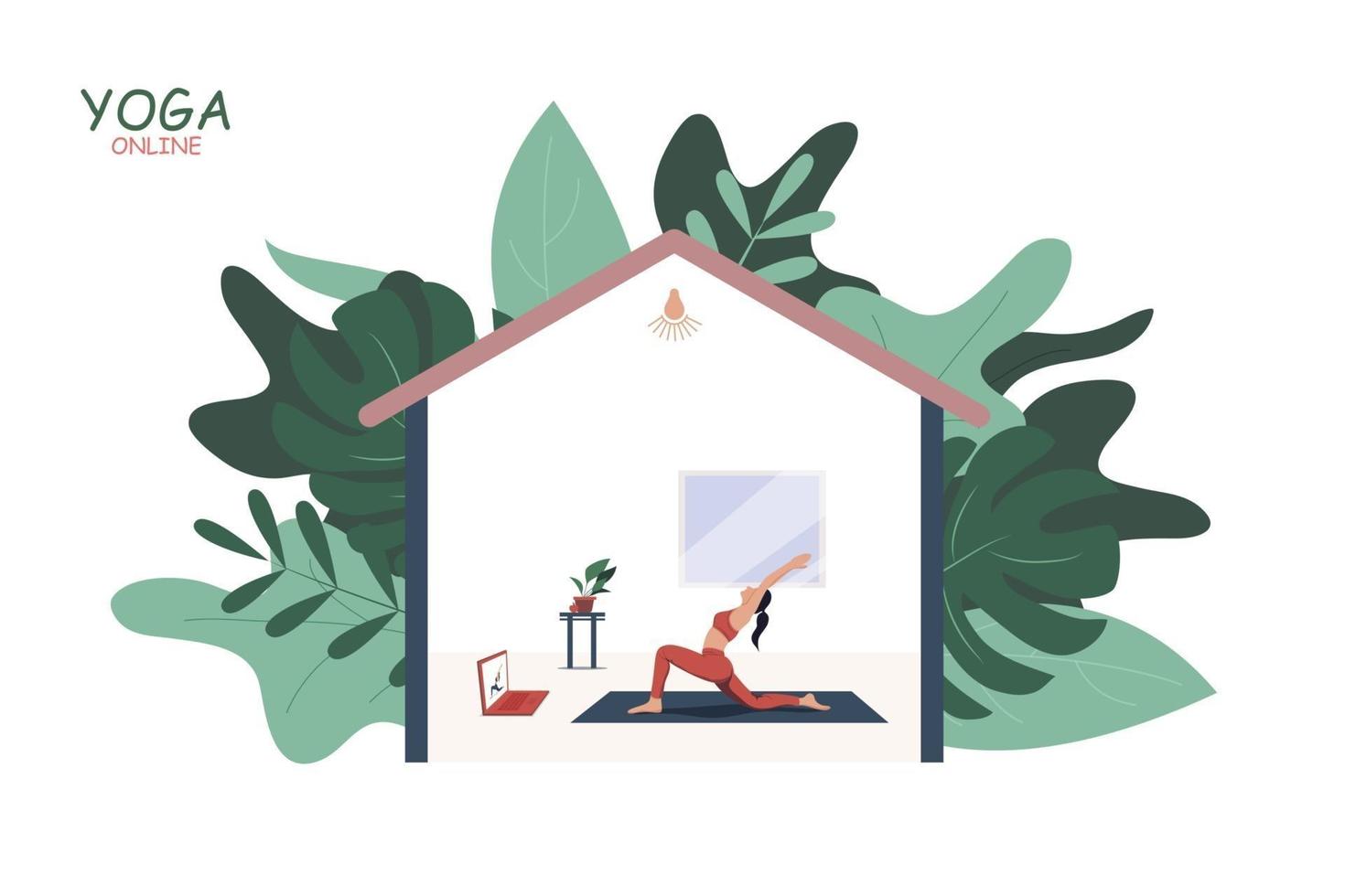 Woman doing yoga exercises at home on Quarantine with video lesson. vector