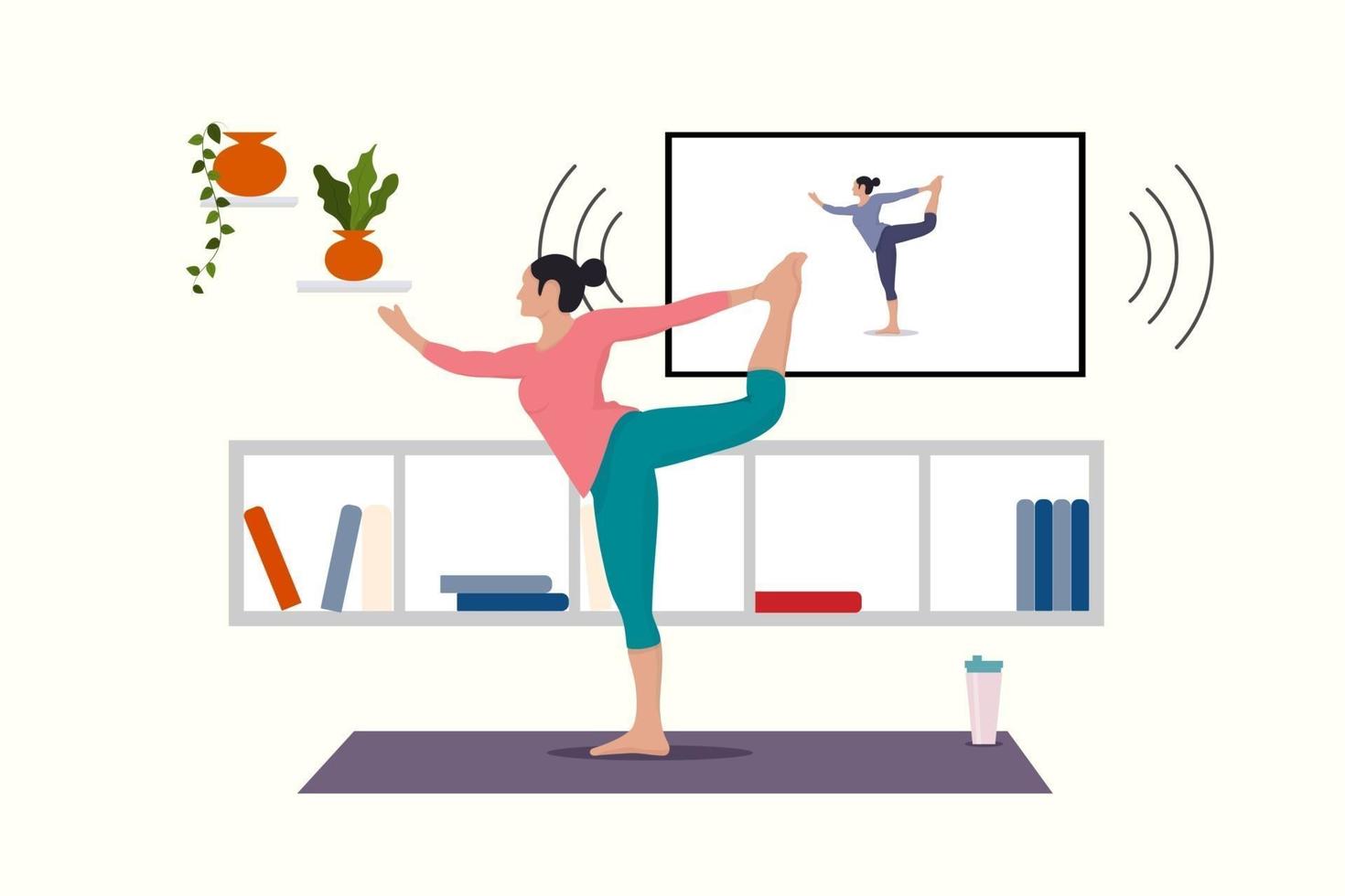 Yoga girl is doing exercises and watching online classes on laptop vector