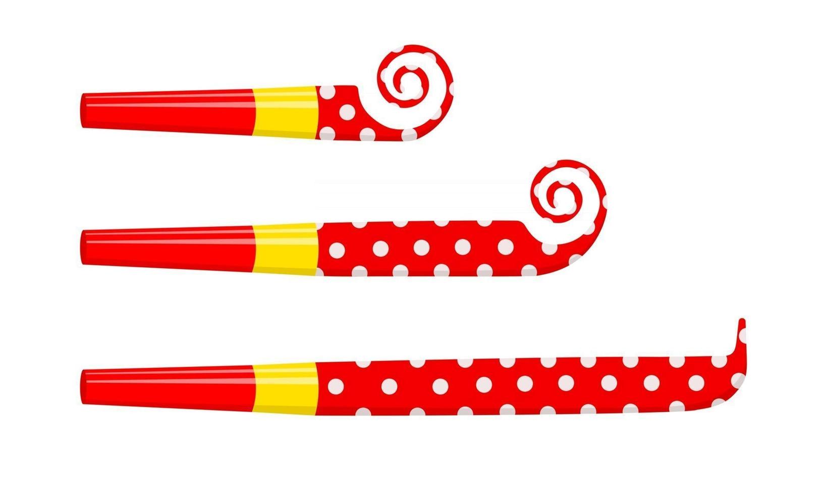 Rolled and unrolled party blowers, horns, noise makers, sound whistles vector