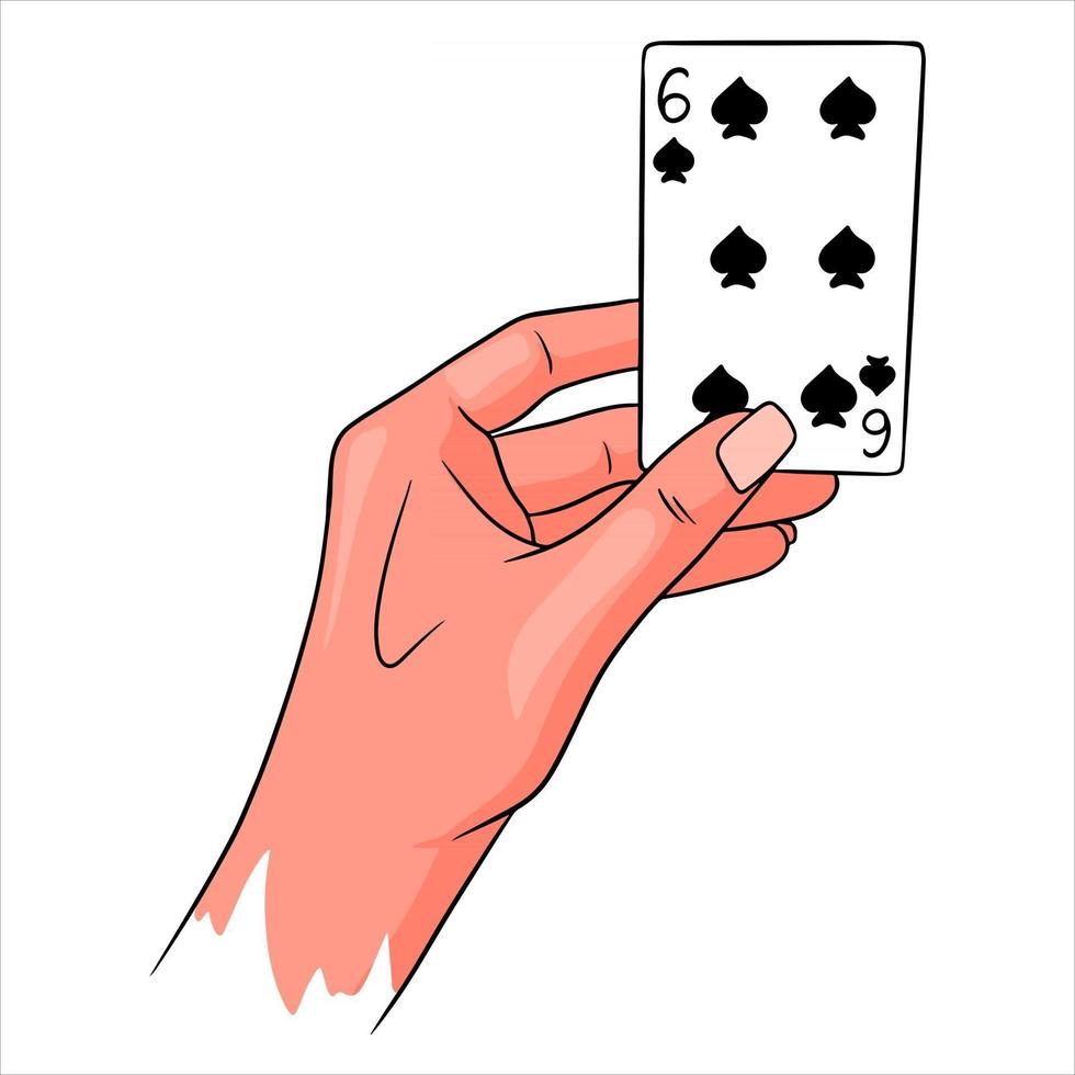 Gambling. Playing card in hand. Casino, luck, fortuna. Six of spades. vector