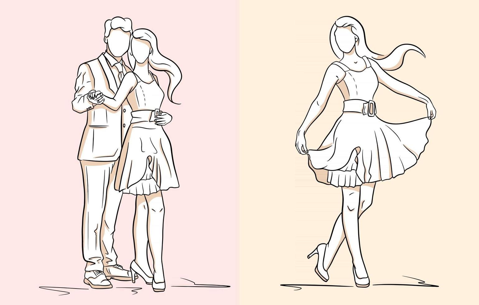 Girl in a dress and shoes. A guy in a suit and a girl in a dress. Fashion. vector