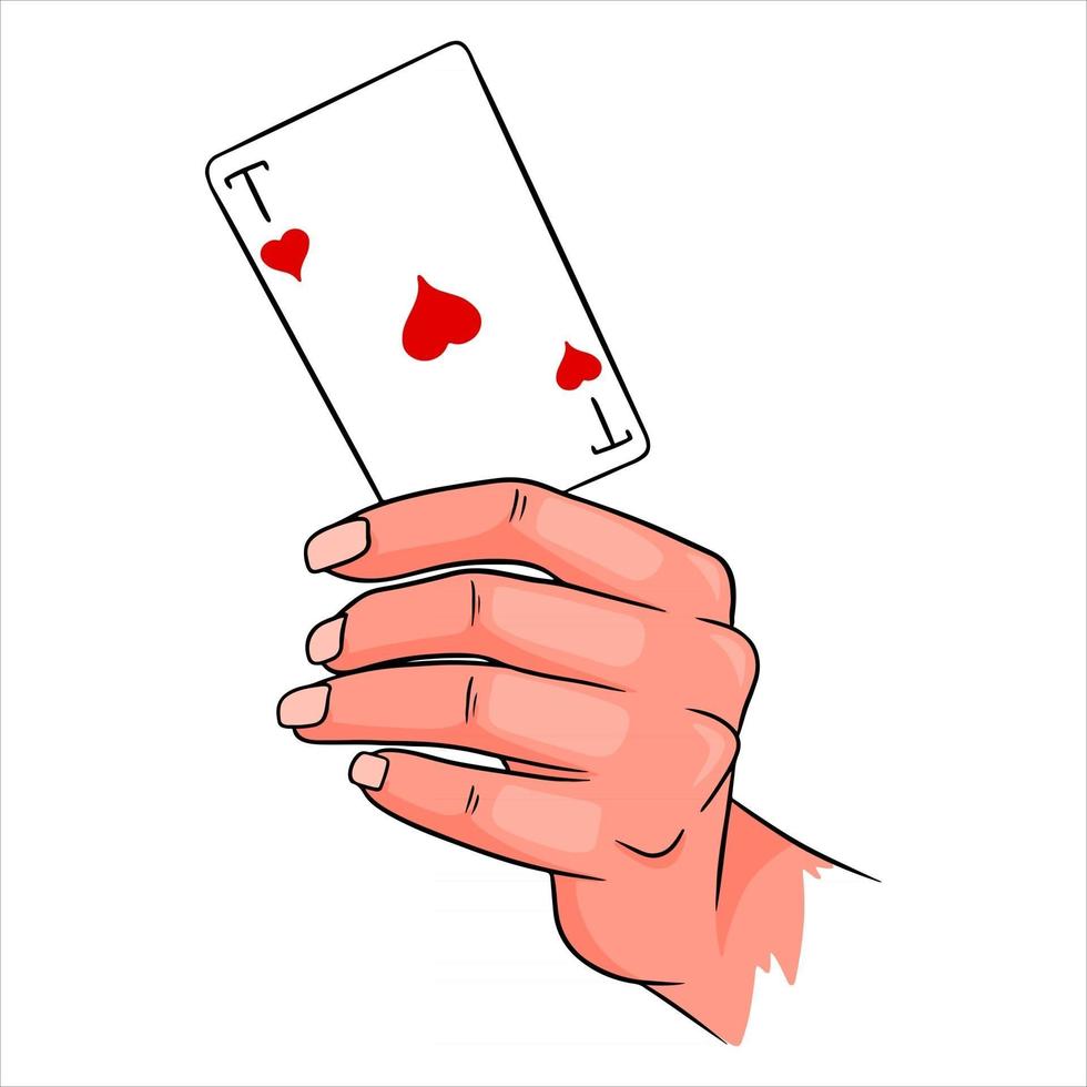 Gambling. Playing card in hand. Casino, luck, fortuna. Ace of hearts. vector