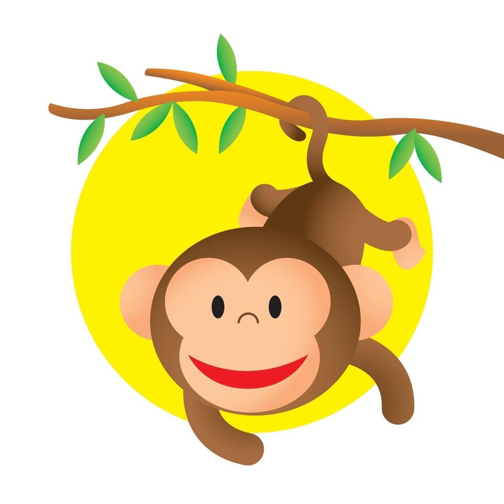 Cartoon cute smiling monkey hanging and swinging from tree branch with tail vector