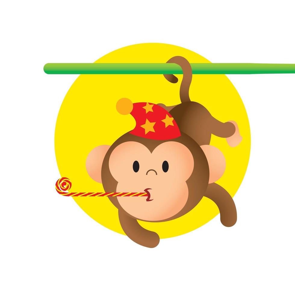 Cute money wearing party hat and party blower hanging on green rod with tail on yellow round background vector