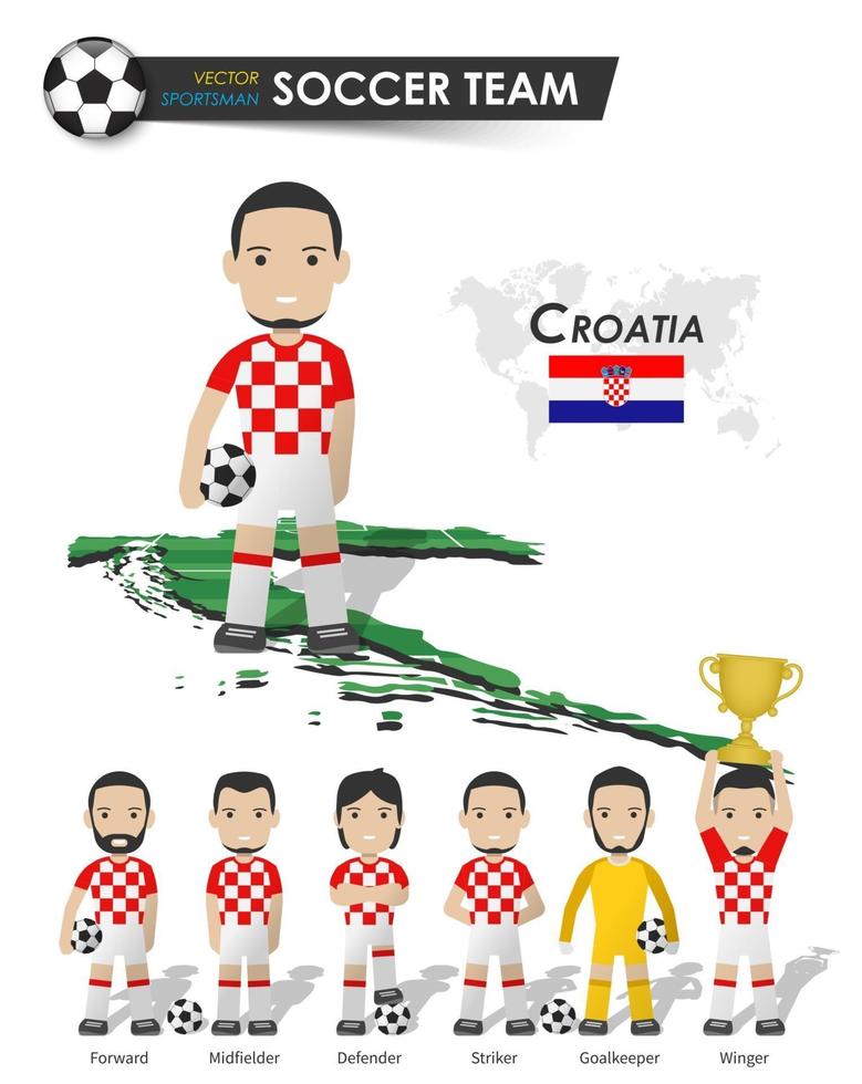 selección de la copa nacional de fútbol de croacia. jugador de fútbol con camiseta deportiva de pie en el campo de perspectiva mapa del país y mapa del mundo. conjunto de posiciones de futbolista. diseño plano del personaje de dibujos animados. vectorial vector