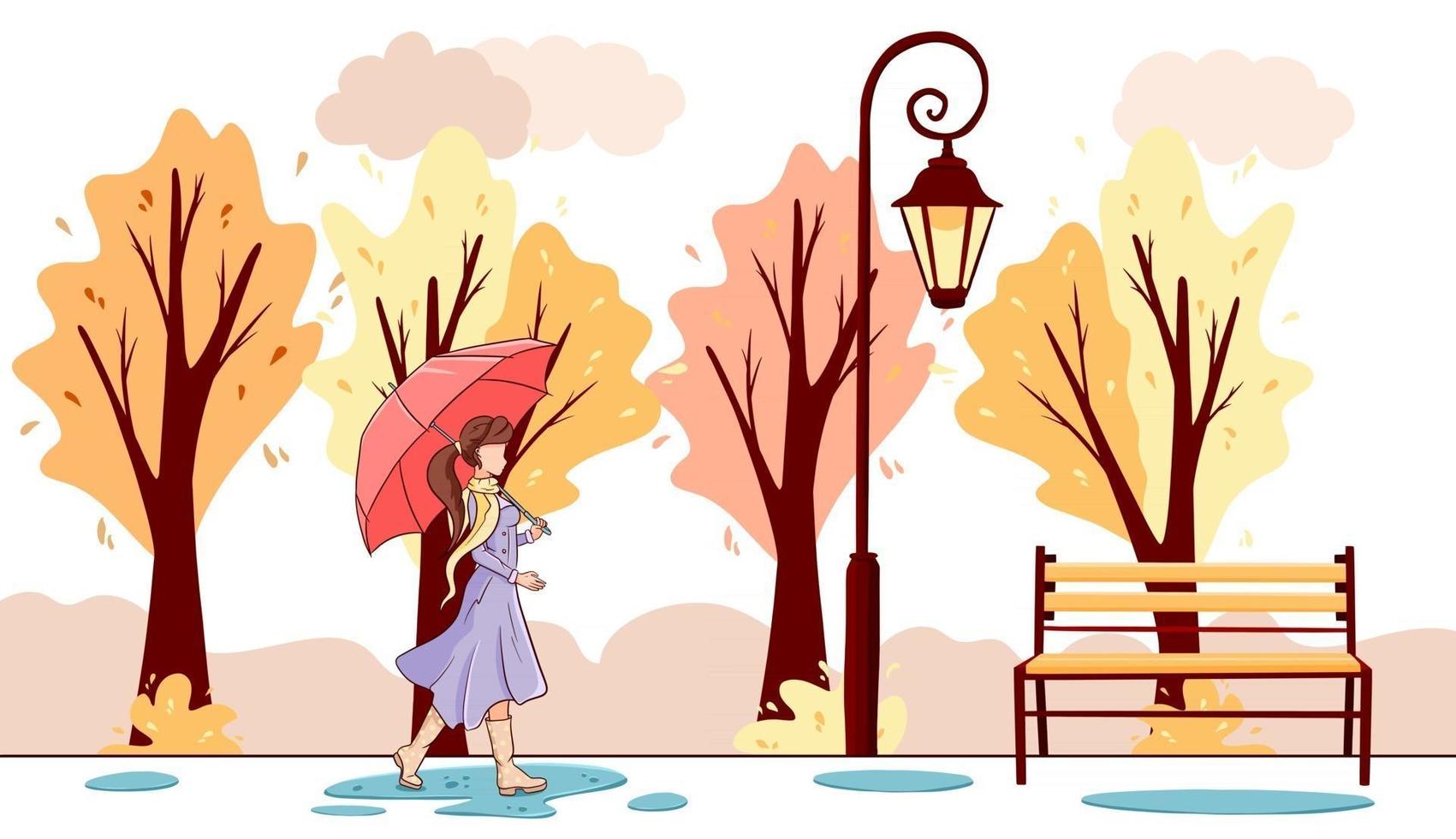 hola banner de otoño. una niña con un paraguas camina por el parque de otoño. vector