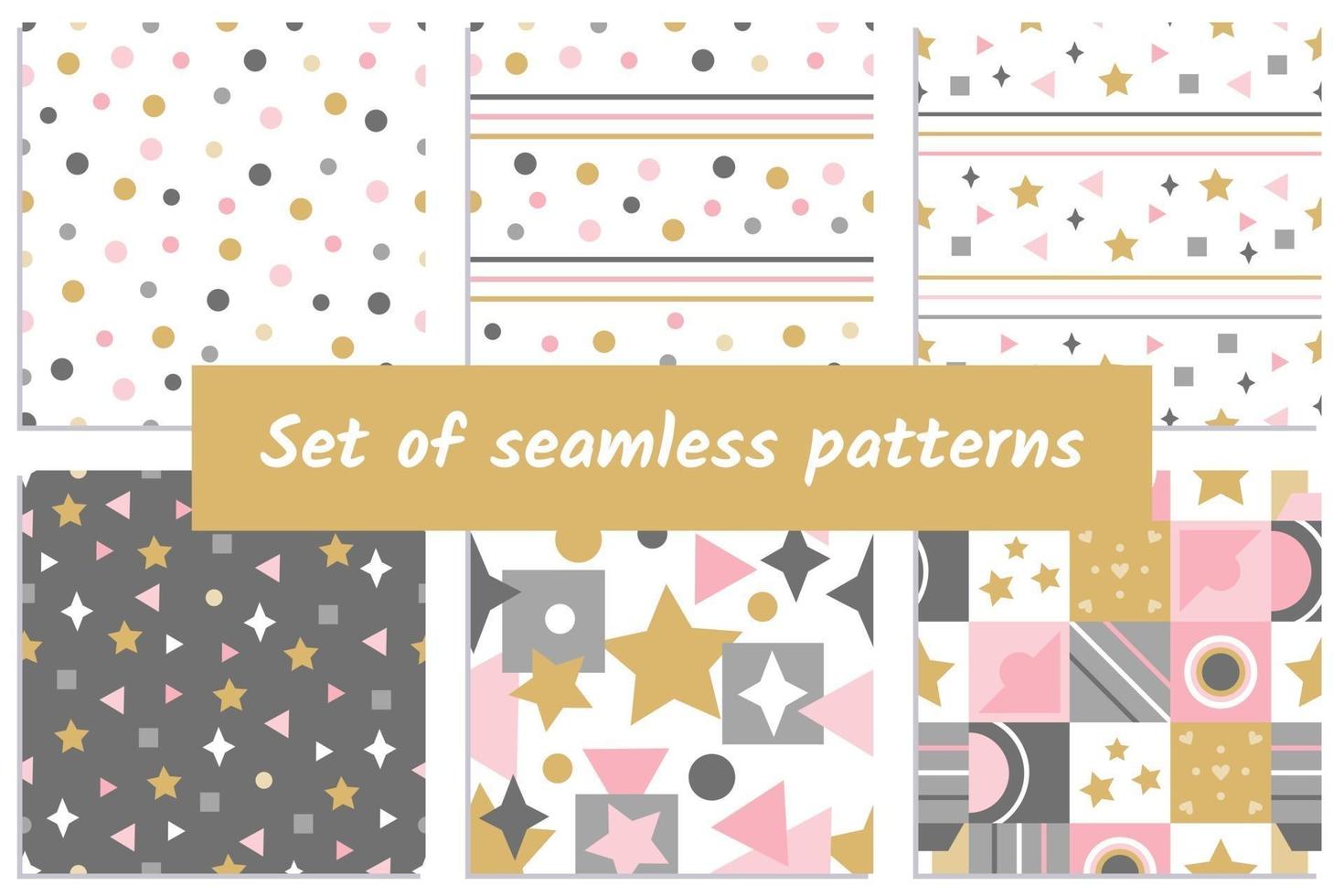 Set of abstract pattern with squares, stars, lines and other elements. Cute print with gold, pink and gray colour. Suitable for textiles, wrapping paper and various designs. Vector background