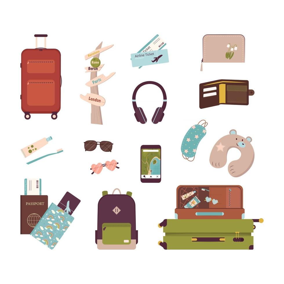 Big set of tourist items for vacation. Luggage icons for travel and hike. A collection of objects and accessories for outdoor recreation and journey around the world. Vector flat illustration