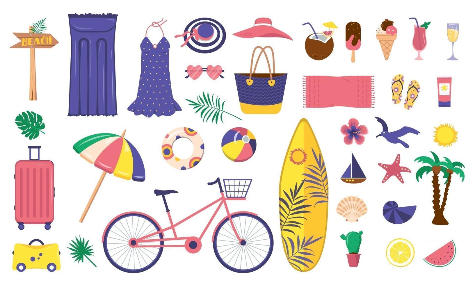 A large bright set summer items. Beach, vacation and travel icons. Clothing, ice cream, soft drinks and decorative marine elements. Cycle ride, luggage holiday and surfboard. Vector flat illustration