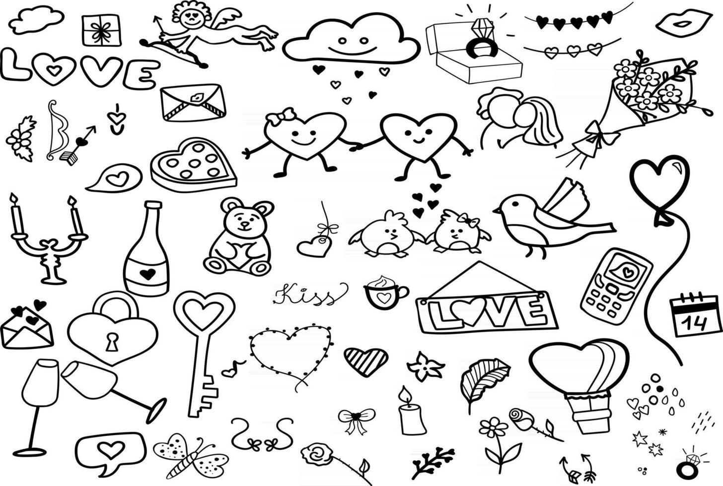 conjunto de día de san valentín de doodle dibujado a mano. conjunto de contorno negro de amor y corazones. vector