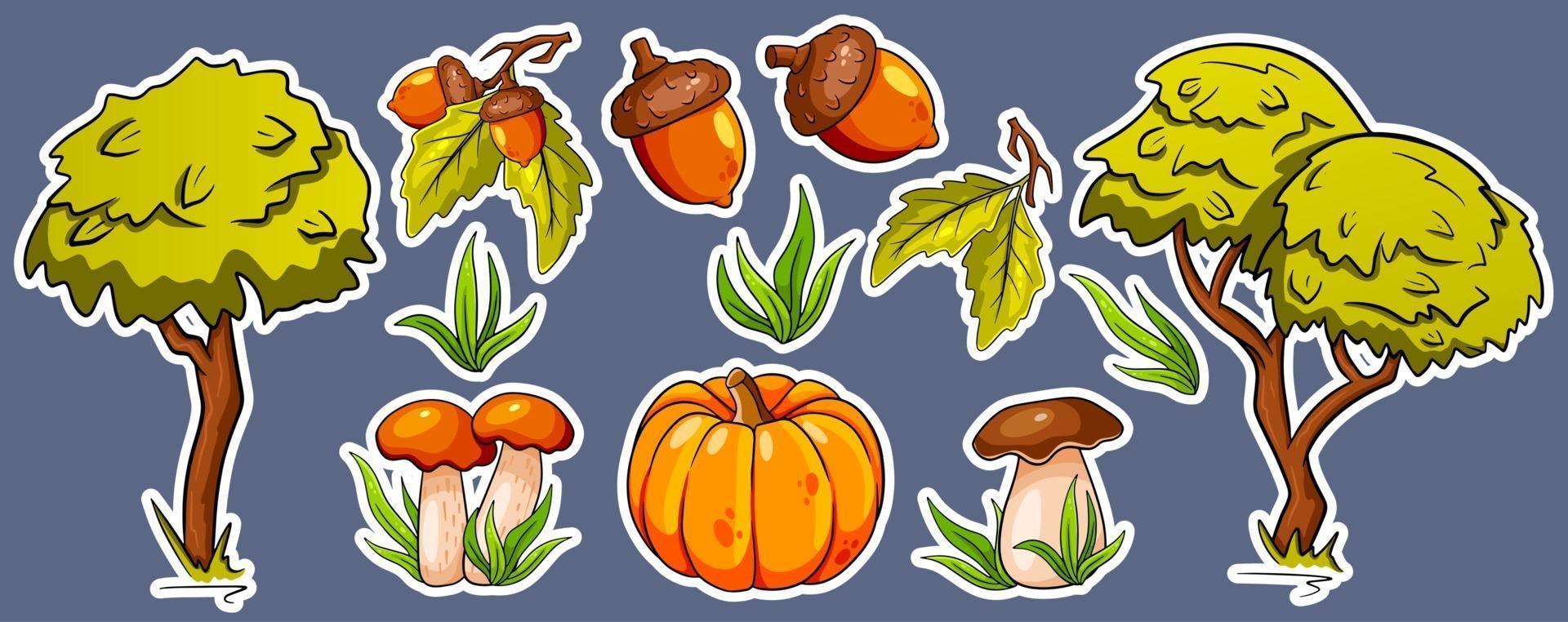 conjunto de otoño. pegatinas hongos, calabaza, bellotas, pasto, hojas de roble, árboles. vector