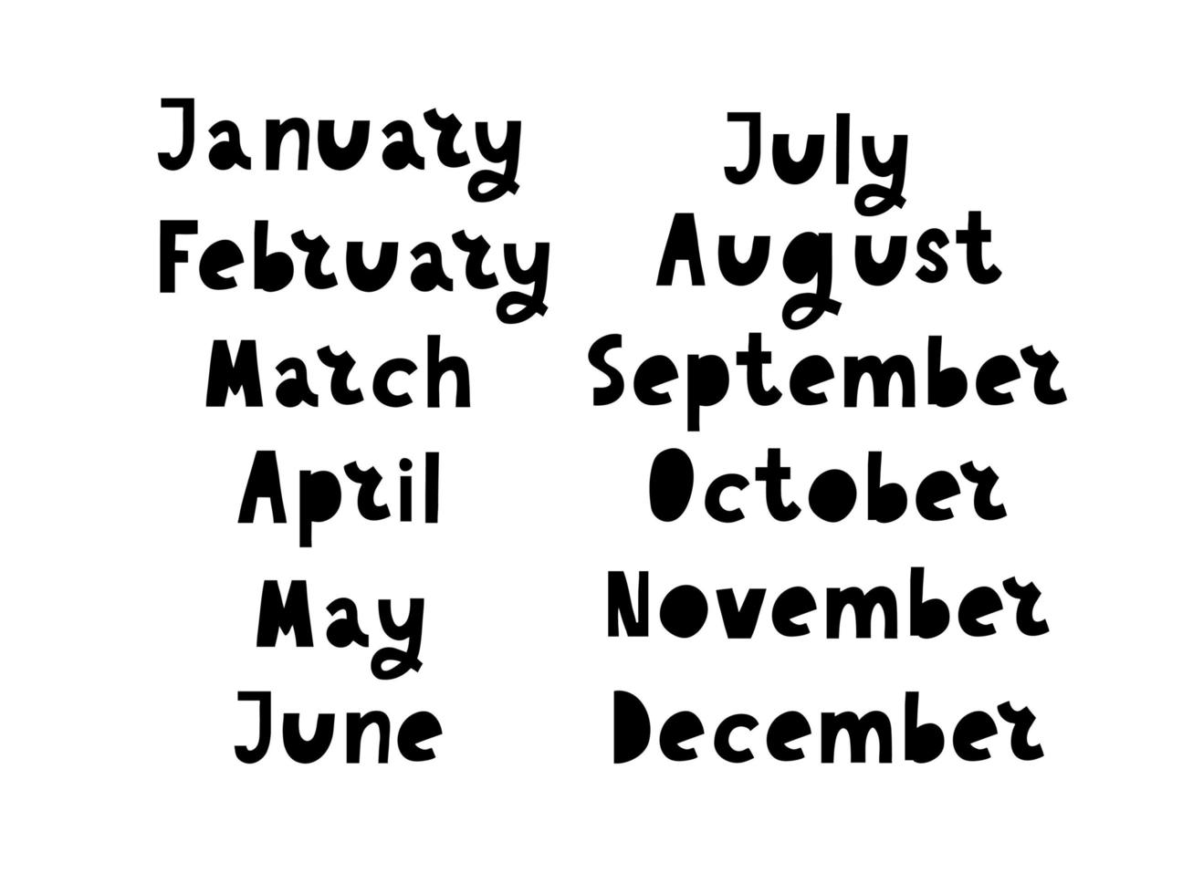 Handwritten names of months vector