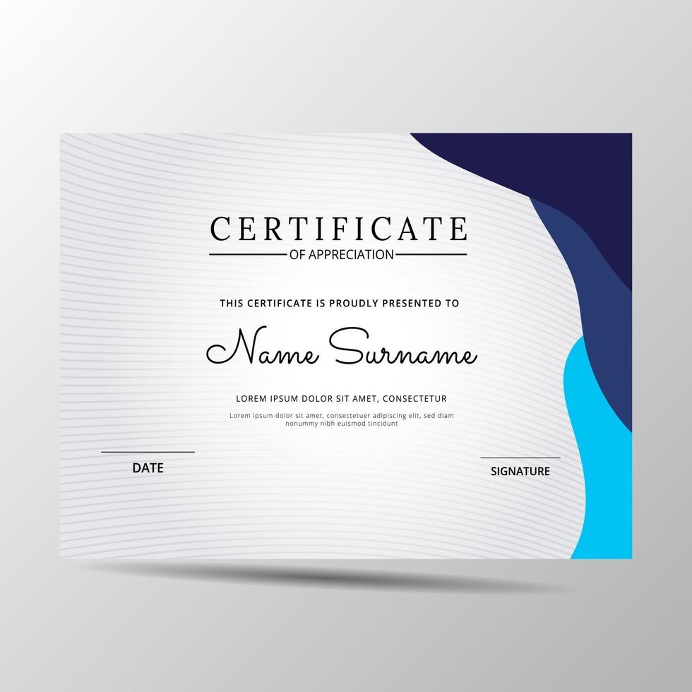 Certificate of appreciation template, blue color. Clean modern certificate with gold badge. Certificate border template with luxury and modern line pattern. Diploma vector template