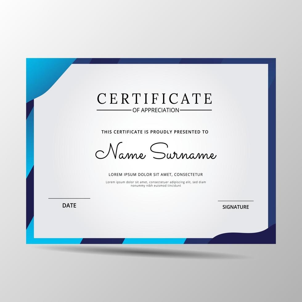 Certificate of appreciation template, blue color. Clean modern certificate with gold badge. Certificate border template with luxury and modern line pattern. Diploma vector template