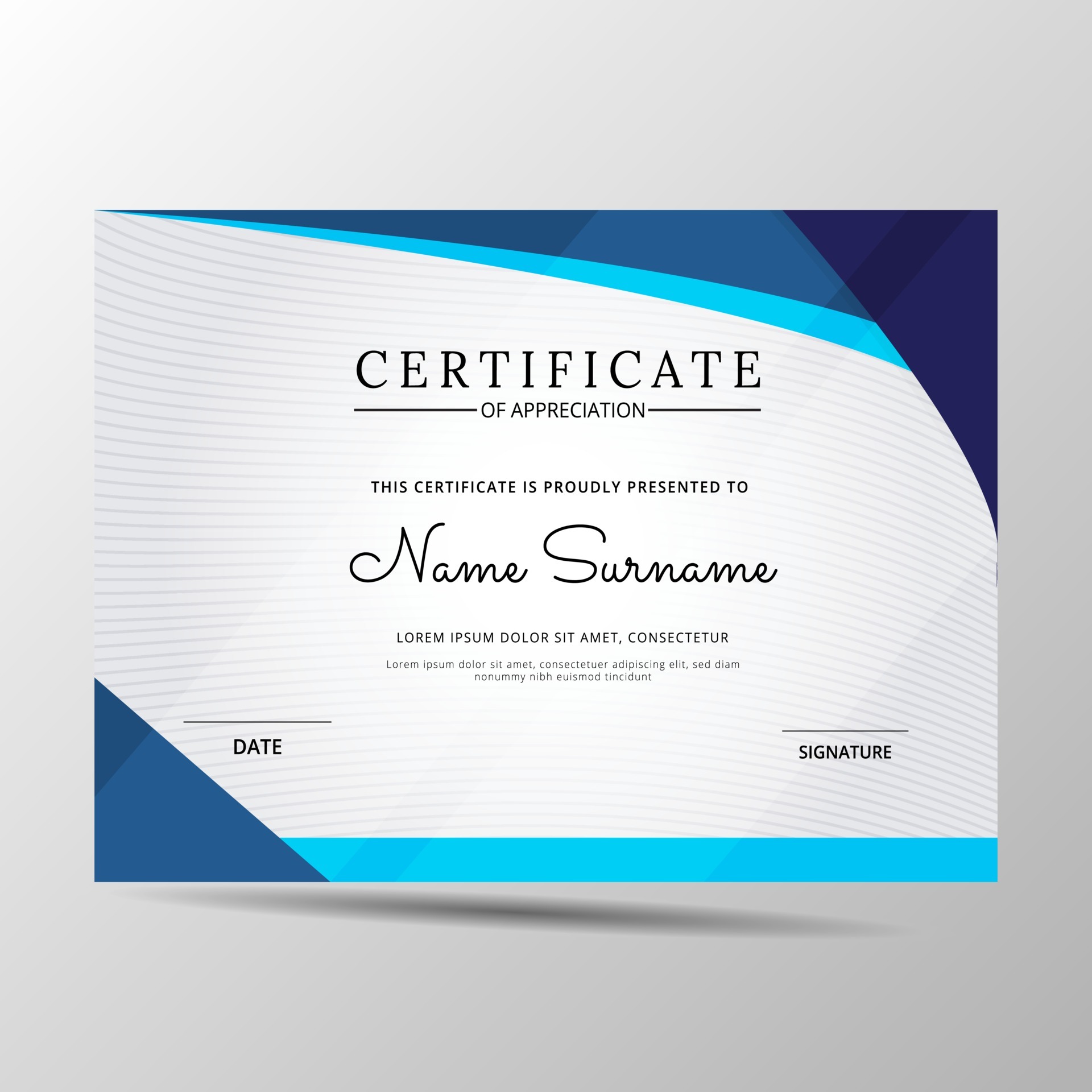 Certificate of appreciation template, blue color. Clean modern