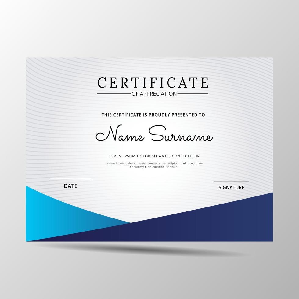 Certificate of appreciation template, blue color. Clean modern certificate with gold badge. Certificate border template with luxury and modern line pattern. Diploma vector template