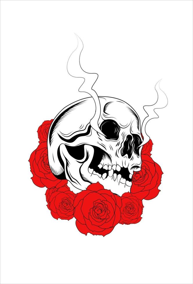 cabeza de calavera con dibujo a mano de rosa vector