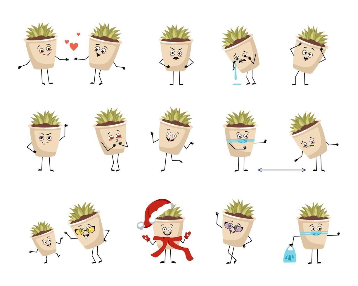 Set of cute character indoor plant in pot with joyful emotions, smile face, happy eyes, arms and legs. Cheerful or sad succulent falls in love, keeps distance in mask, dancing in happy Santa hat vector