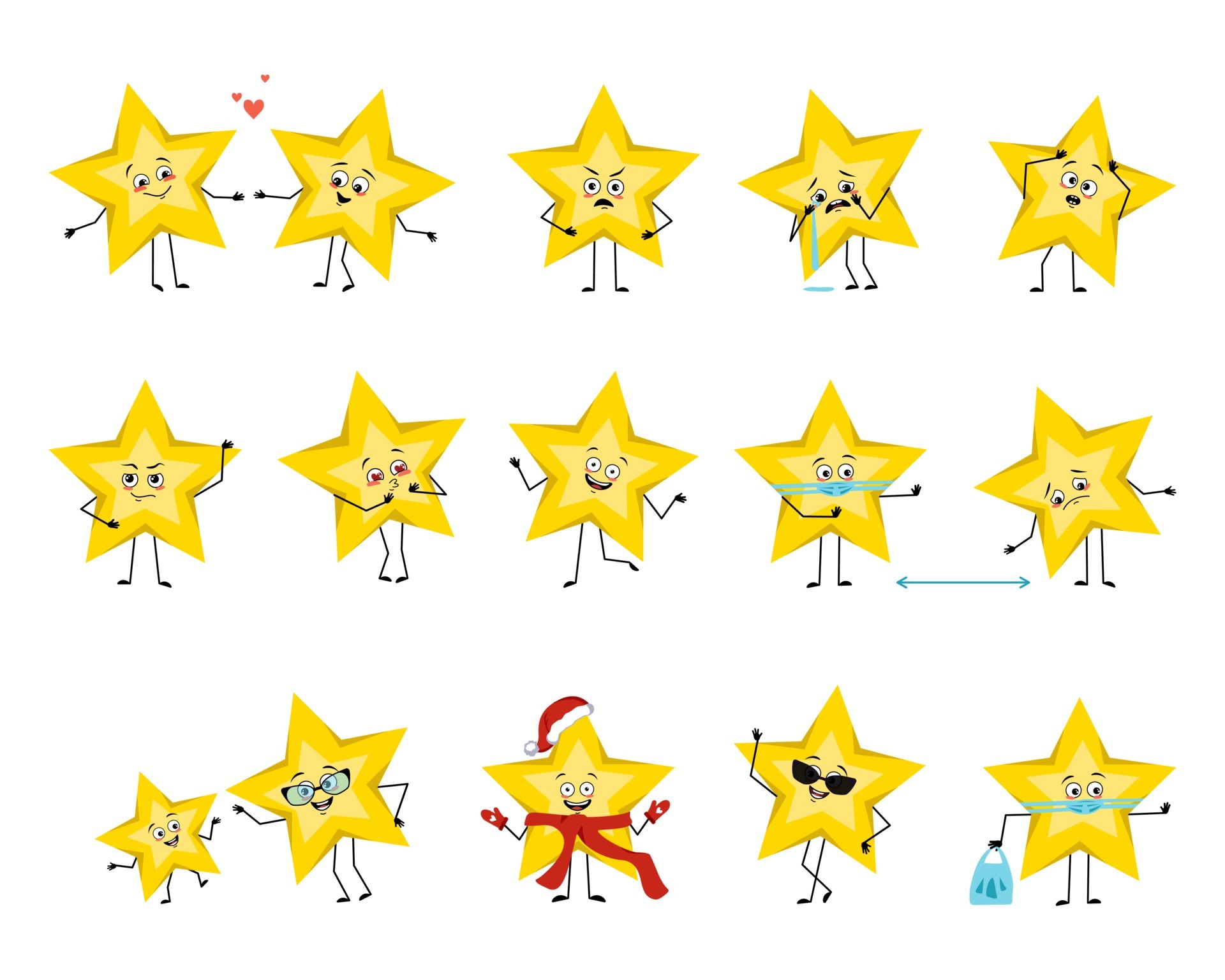 Set of cute yellow star character with different emotions, smile ...