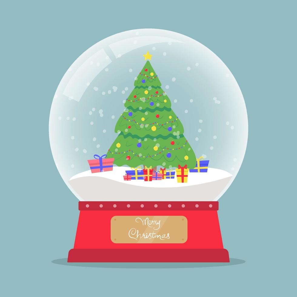 Christmas glass snow globe with Christmas tree, garlands, and gifts. New year glass ball. vector