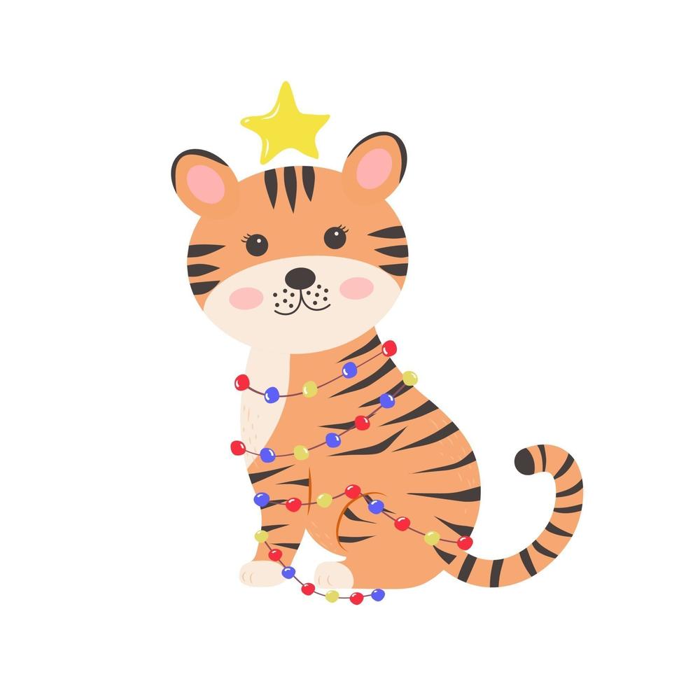 lindo tigre con guirnalda de navidad y estrella. vector