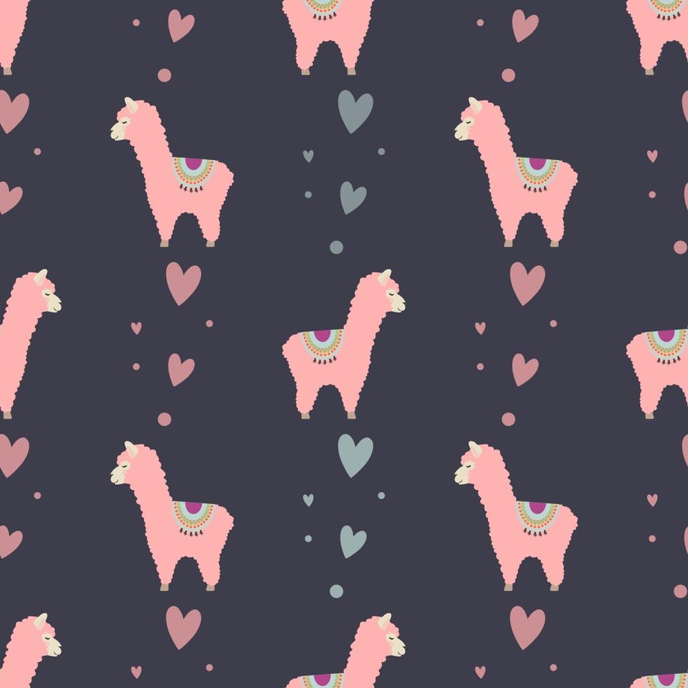 Seamless pattern with cute pink llama and hearts. For children's design, textiles, wrapping paper and packaging. vector